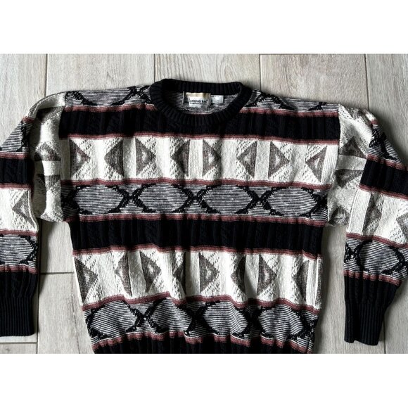 London Fog Men's Vintage 80's Geometric Sweater L Black/Gray/Red Grandpacore GUC - Picture 2 of 6
